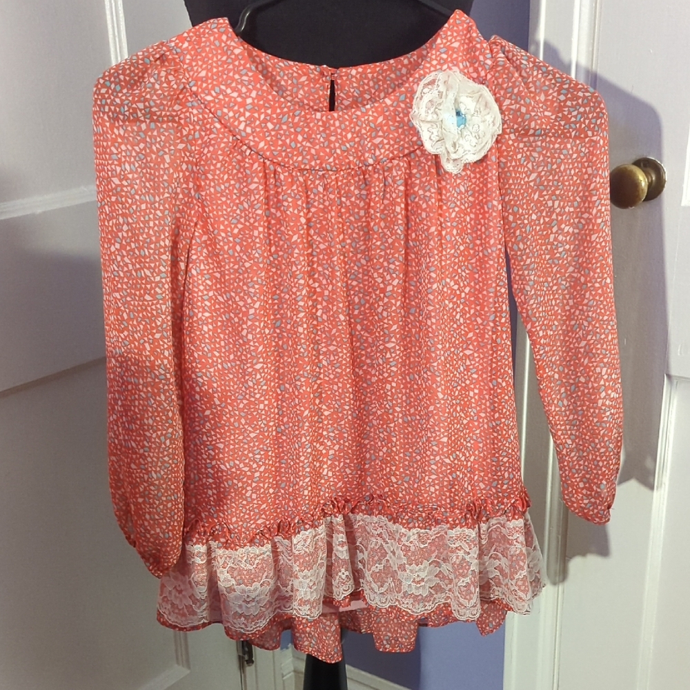 Jona Michelle Coral Blouse with White Lace Detail